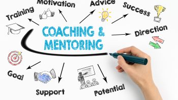 Coaching and Mentoring Concept. Chart with keywords and icons on white background